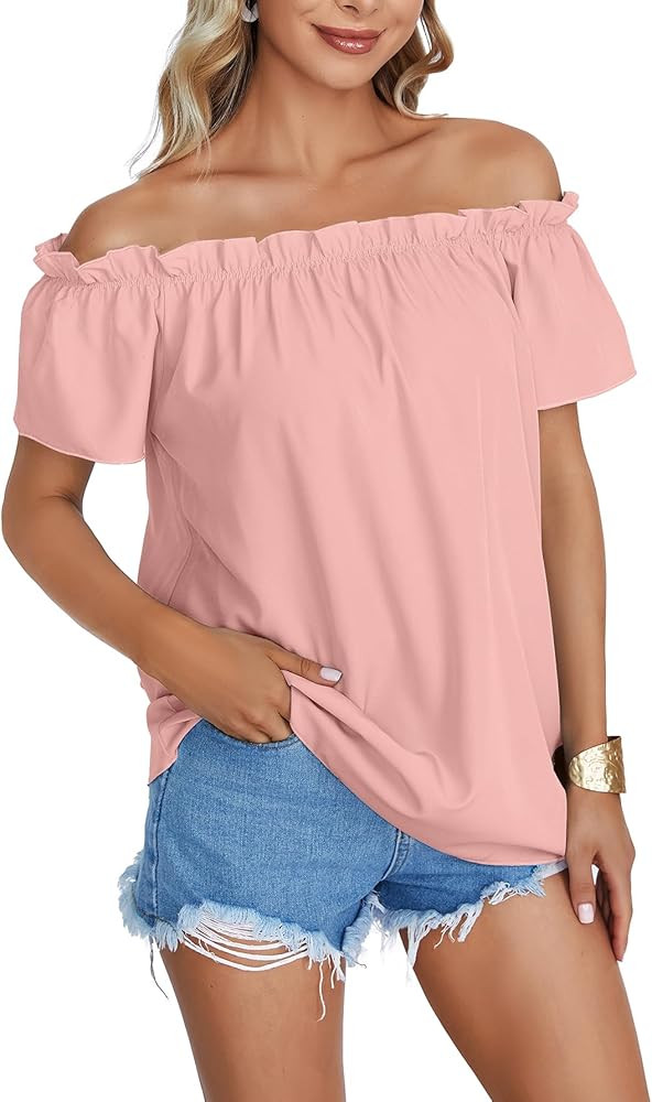 LYANER Women's Off Shoulder Ruffle Short Sleeve Ruched Casual Loose Tops Blouse Shirt | Amazon (US)