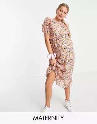 Influence Maternity ruffle front midi dress in floral print | ASOS (Global)