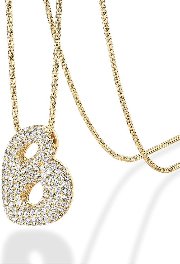 PAVOI 14K Gold Plated Cubic Zirconia Bubble Letter Initial Necklaces for Women | Gold Balloon Nec... | Amazon (US)
