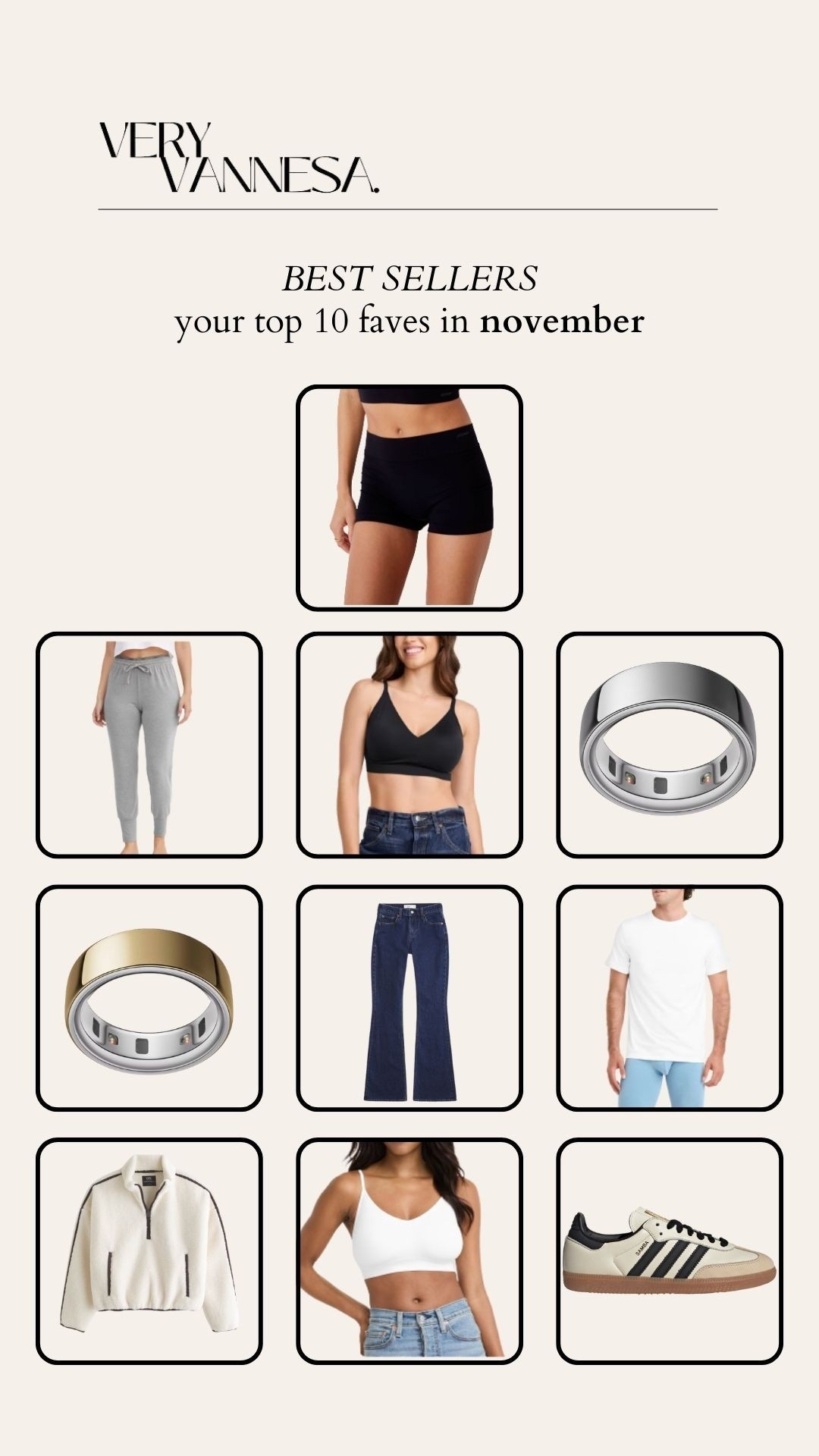 Your faves in November 
Jockey boyshorts 
Jockey jogger pajama pants 
Jockey seamless sports bra 
Oura Ring 
Abercrombie bootcut jeans 
Jockey white tee 
Sherpa half zip jacket 
Adidas sambas sneakers 

#LTKHoliday #LTKSaleAlert #LTKCyberWeek
