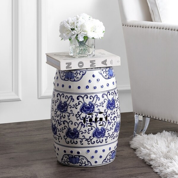Lotus Flower 17.8" Chinoiserie Ceramic Drum Garden Stool, Blue/White | Overstock.com Shopping - T... | Bed Bath & Beyond