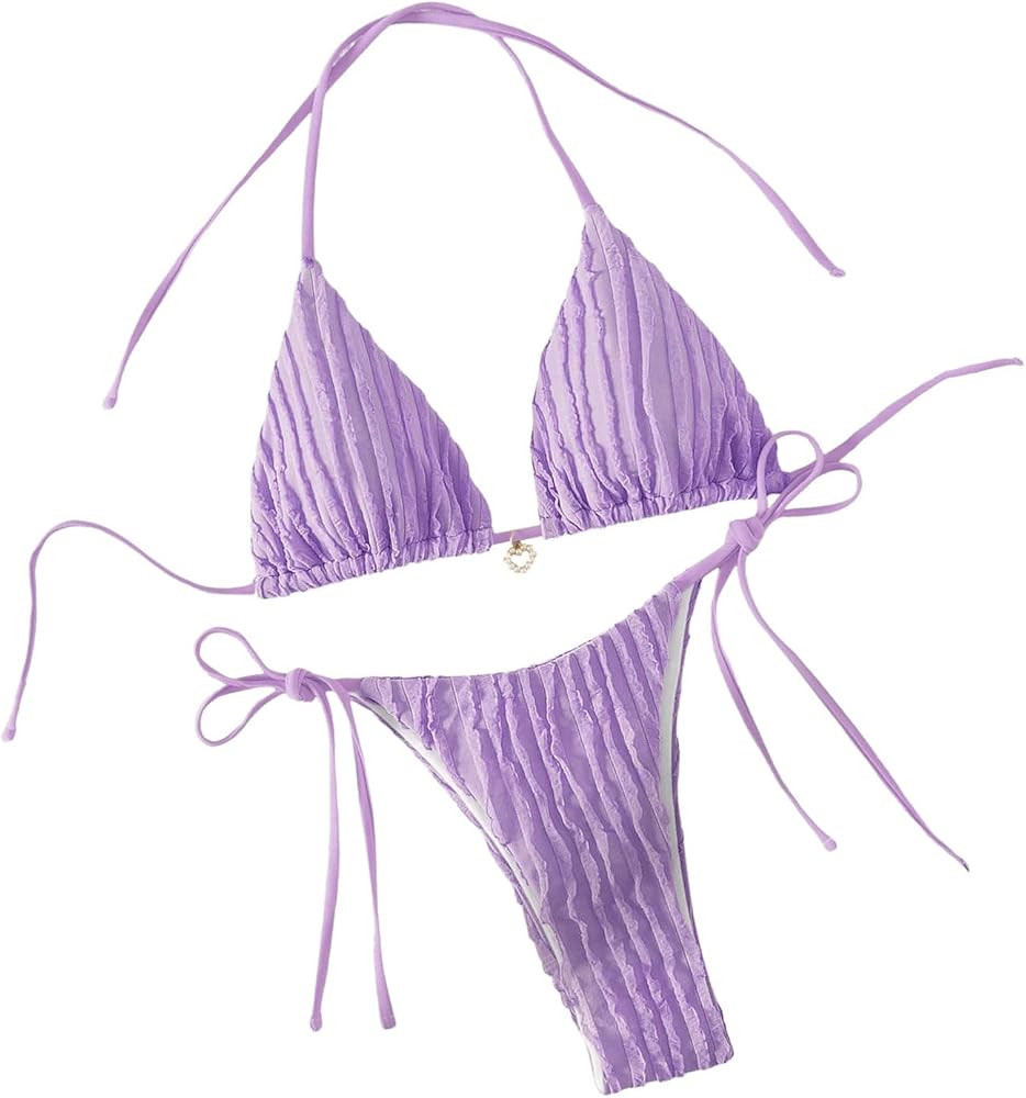 GORGLITTER Women's Lace Bikini Set Striped Bow Two Piece Swimsuit Halter Triangle Top Ring Linked... | Amazon (US)