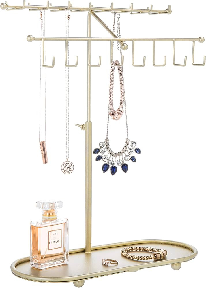 MyGift 2-Tier Brass Metal Jewelry Organizer Stand, Necklace Holder Stand with 24 Hooks, Ring Tray... | Amazon (US)