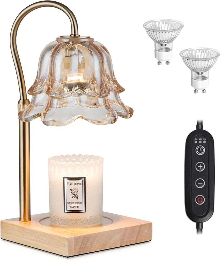 Candle Warmer Lamp with Timer: Flower Candle Warmers with 2 Bulbs Gold Height Adjustable Candle L... | Amazon (US)