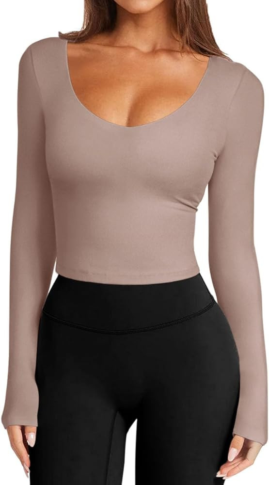 LASLULU Womens Long Sleeve V Neck Workout Tops Padded Slim Fitted Shirts Casual Tops Fall Basic S... | Amazon (US)