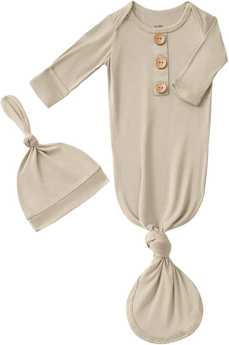 Newborn Baby Boys Girls Knotted Gown Hat Set Soft Bamboo Viscose Infant Sleeper Baby Sleep Gown w... | Amazon (US)
