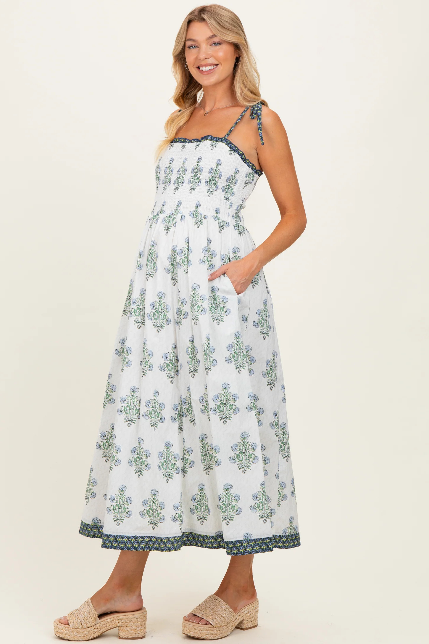 Off White Floral Smocked Shoulder Tie Maternity Maxi Dress | PinkBlush Maternity
