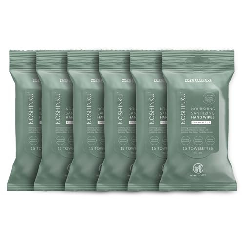Noshinku Eucalyptus Hand Sanitizer Wipes, 6-Pack (90 Towelettes) – Resealable Travel Wipes with Ethyl Alcohol, Aloe & Green Tea, Plant-Based Fiber, Essential Oil Scents, Cruelty-Free & No Dyes | Amazon (US)