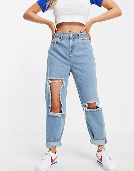 ASOS DESIGN Petite high rise 'original' mom jeans in midwash with extreme rips | ASOS | ASOS (Global)