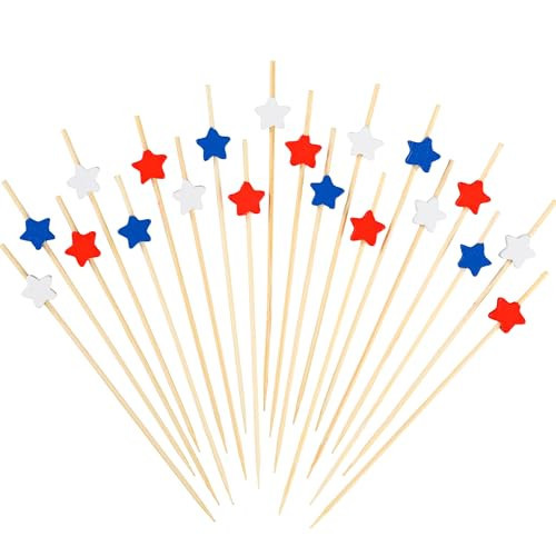 200 Pcs 4th of July Cocktail Picks 4.72in Red White Blue Star Bamboo Toothpicks for Appetizers Cupcake Toppers Independence Day Food Skewer Sticks for Patriotic 4th of July Fruit Drinks Party Supplies | Amazon (US)