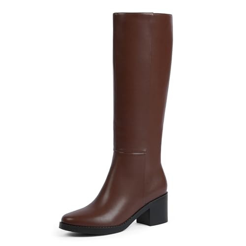 Easyfox Brown Tall Boots for Women Chunky Heel Knee High Brown Boots Low Heeled Leather Long Boot Round Toe Dress Block Heel Calf High Boot Size 8.5 | Amazon (US)