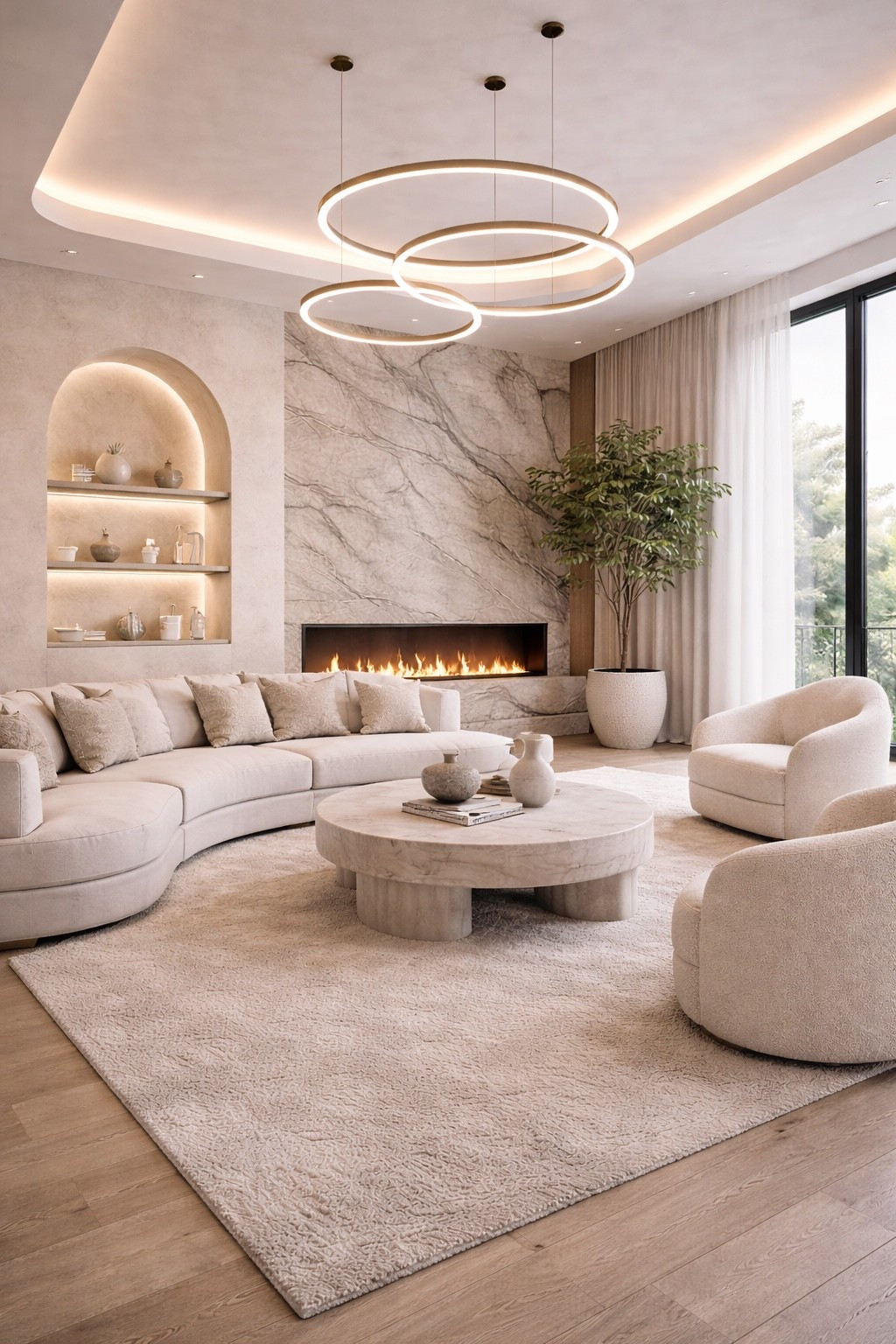 A modern luxury living room designed in soft neutral tones with a statement stone fireplace, elegant LED ceiling lighting, and sculptural furniture. This space blends contemporary minimalism with warmth and comfort — perfect inspiration for a high-end, cozy home interior. Save for living room ideas, modern decor inspiration, and luxury home styling. #livingroomdesign
#modernlivingroom
#luxuryinterior
#contemporaryhome
#interiorinspo
#modernhome
#neutralinterior
#ledlighting
#fireplacedesign
#highendinterior
#homedecorideas
#ltkhome
