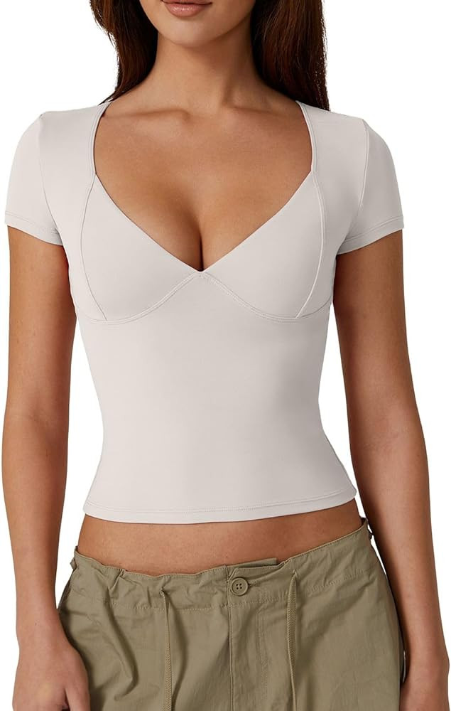 QINSEN Women's V Neck Short Sleeve T Shirts Double Lined Tee Seamed Cup Going Out Tops | Amazon (US)