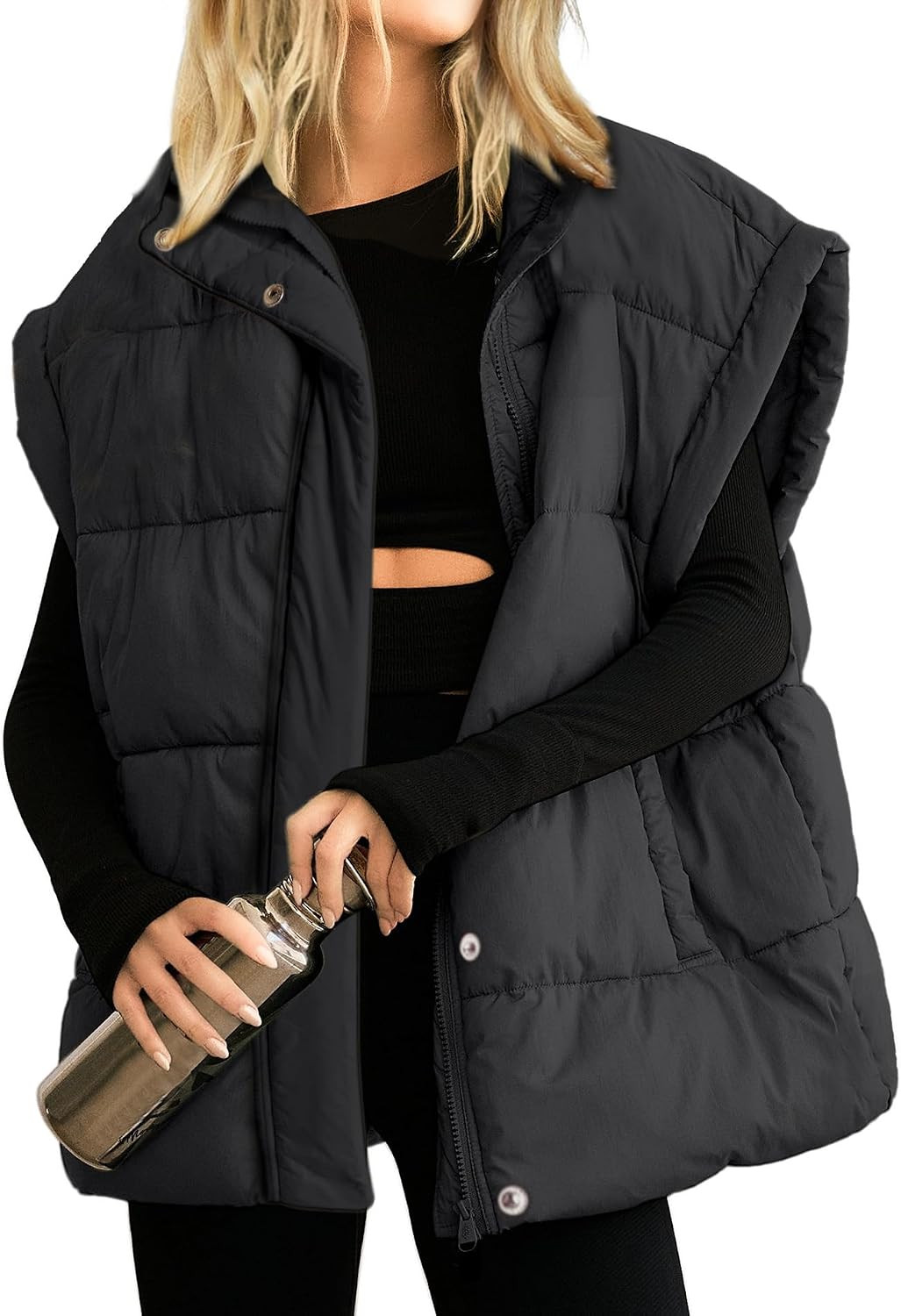 Womens Oversized Puffer Vest Stand Collar Full Zip Sleeveless Bubble Puffer Vest Quilted Padded Warm Coat Outwear | Amazon (US)