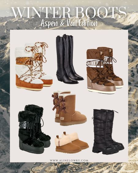 Winter Boots that I brought to my winter trip to Aspen and Vail🗻🌨️🎿
Love love these moon boots, they are so comfortable. Ugg boots are also very comfy and cozy. 

#LTKstyletip #LTKover40 #LTKshoecrush