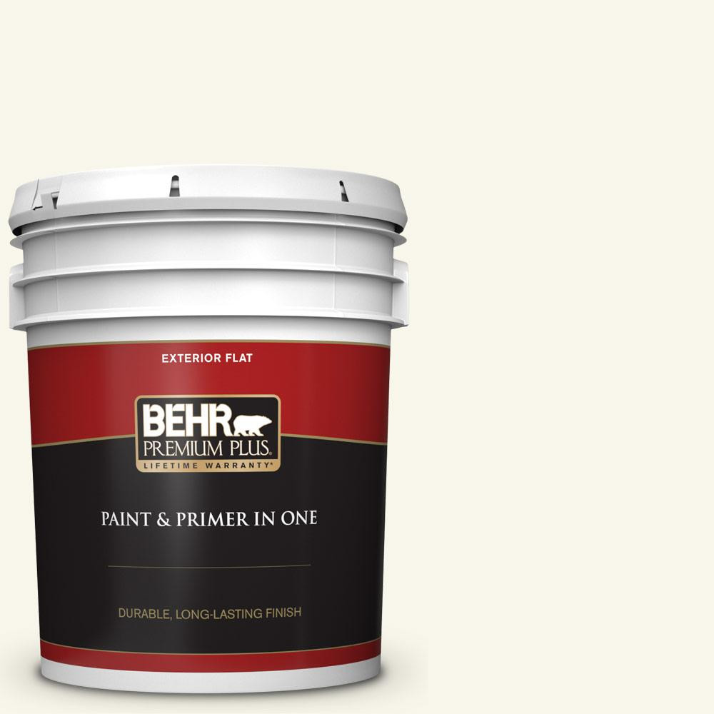 BEHR PREMIUM PLUS 5 gal. #OR-W15 Sleek White Flat Exterior Paint and Primer in One | The Home Depot