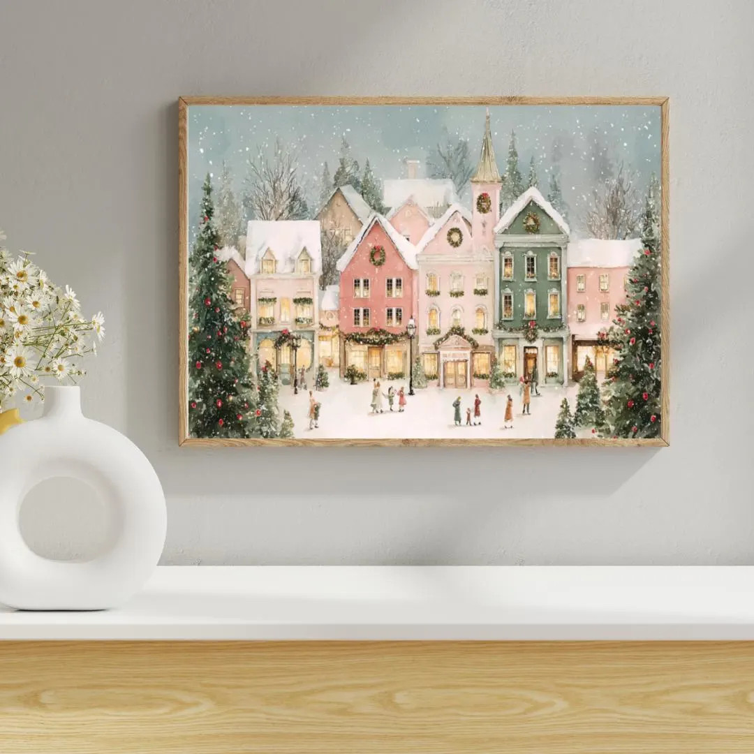 Cozy Christmas Village Print -printable Winter Wall Art -rustic Holiday Decor Snowy Town Scene -d... | Etsy (US)