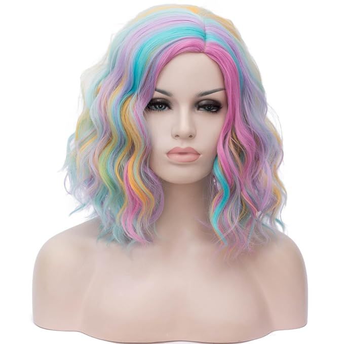 Cying Lin Short Bob Wavy Curly Wig Rainbow Colorful Wig Wig For Women Cosplay Halloween Wigs Heat... | Amazon (US)