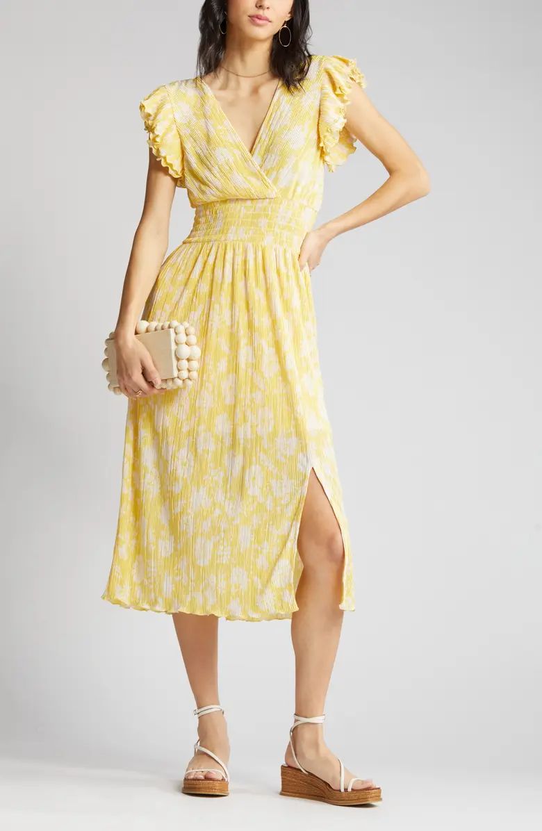 Flutter Sleeve Plissé Midi Dress | Nordstrom