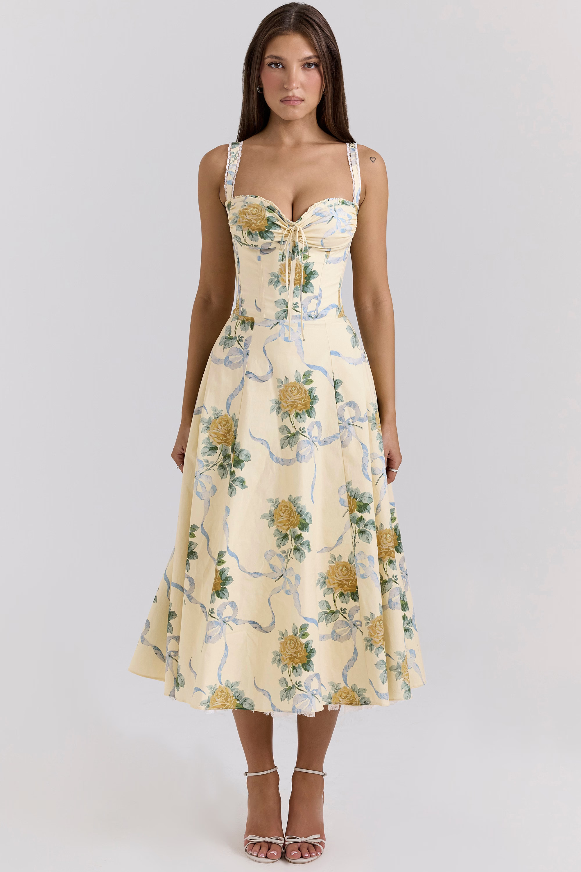 lemon vintage ribbon print cotton midi dress | House of CB