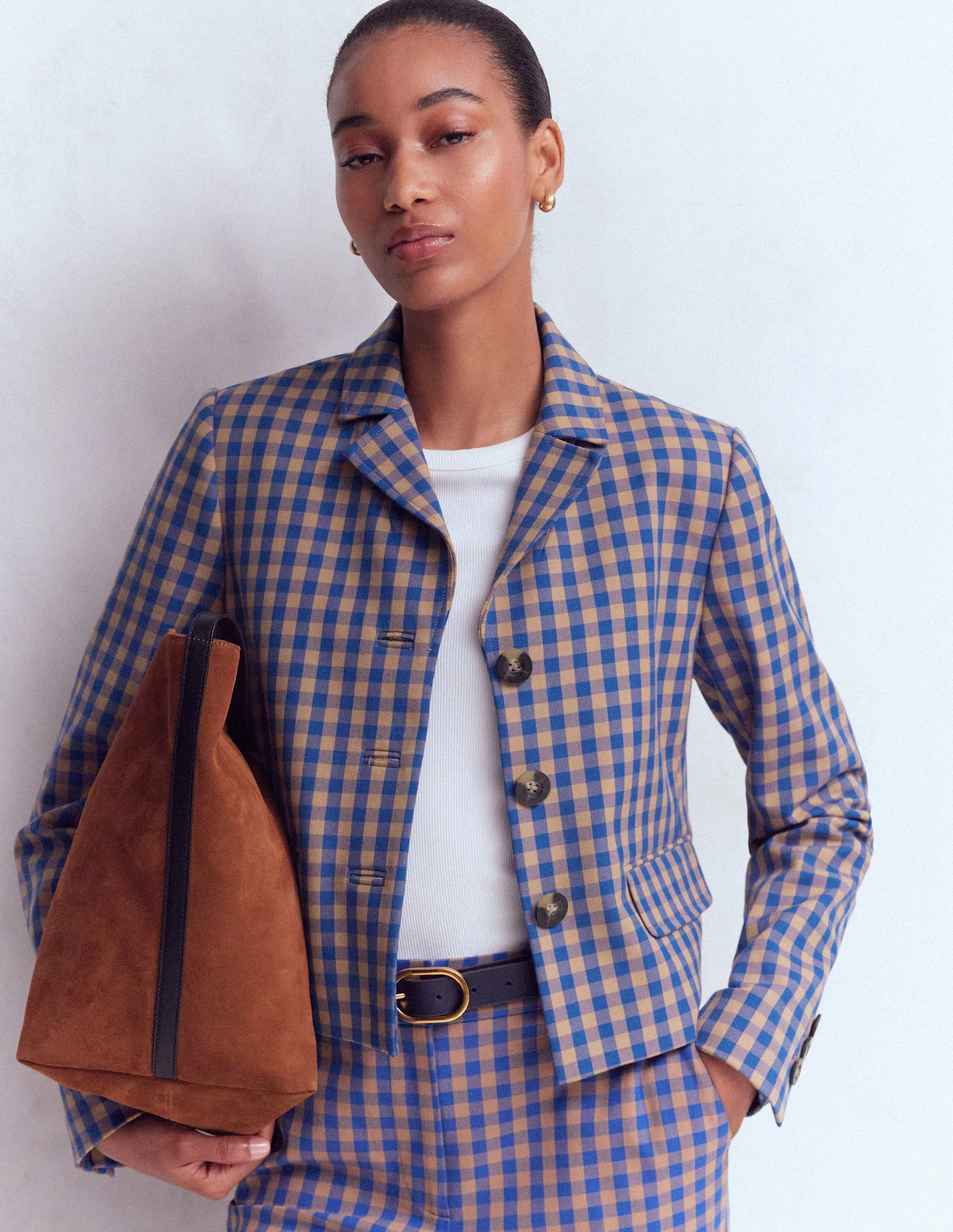 Dartmouth Cotton Blazer-Camel, Blue Gingham | Boden (US)