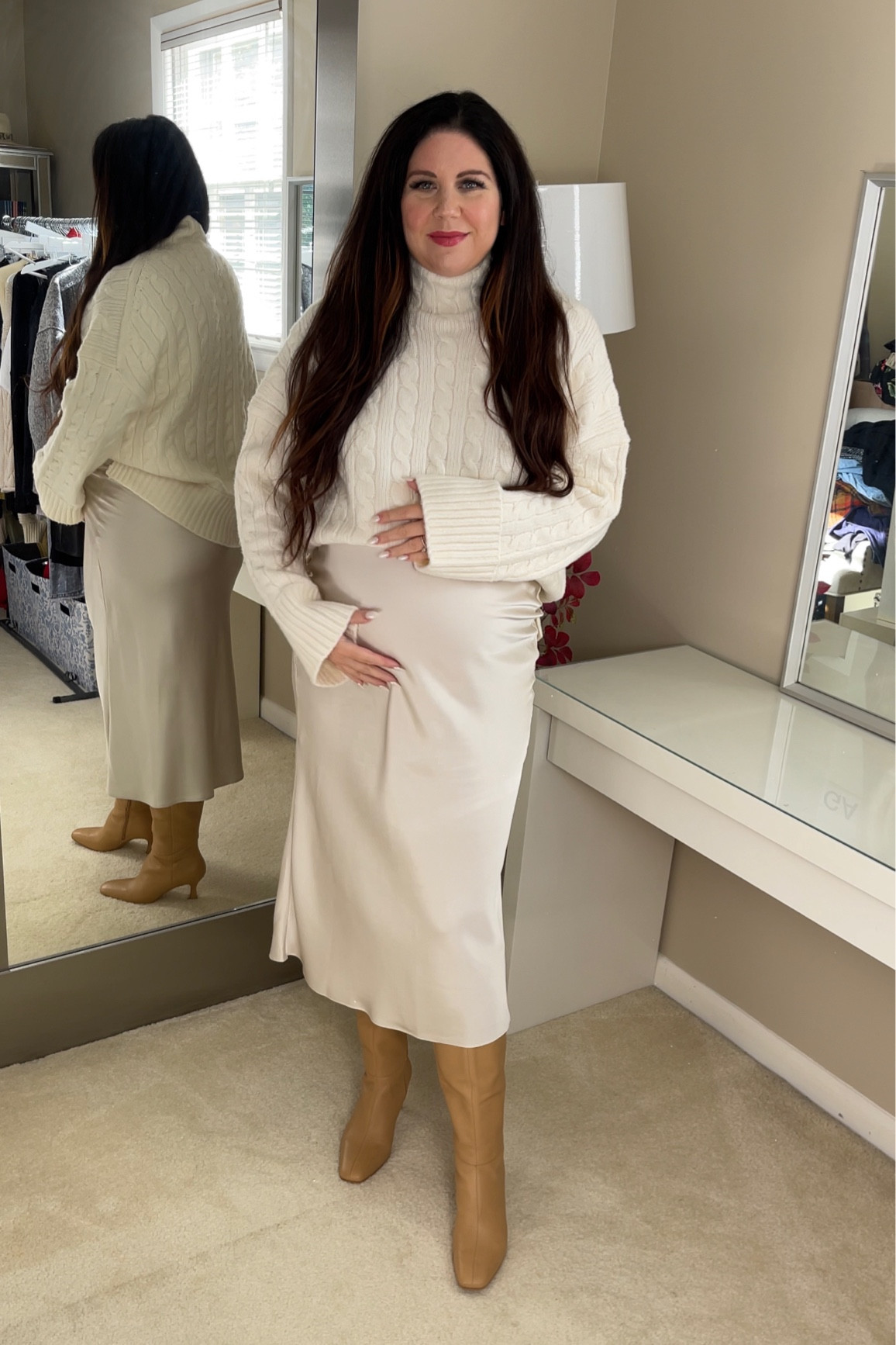Bump friendly fall winter outfit! Cream cable knit oversized sweater with satin cream column maxi skirt and tan knee high boots!

Wearing a size medium in sweater (TTS), size medium in maxi skirt (TTS), size 7.5 in tan heeled wide calf boots

Maternity, fall outfit, pregnancy, fall fashion, fall style, winter outfit

#LTKSeasonal #LTKshoecrush #LTKbump