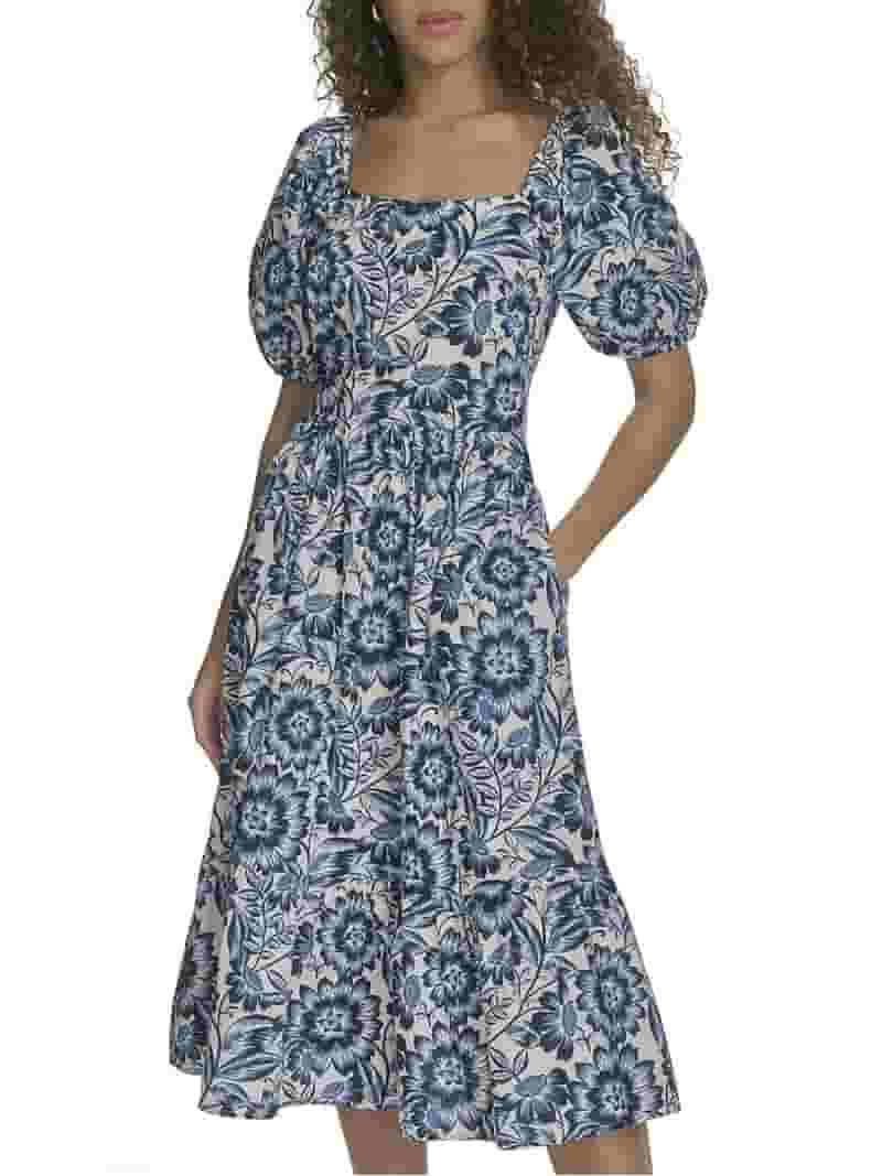 Falling Flowers Women's Cotton Square Neck Puff Sleeve Flounce Tiered Midi Dress, Sizes XS-XL - W... | Walmart (US)