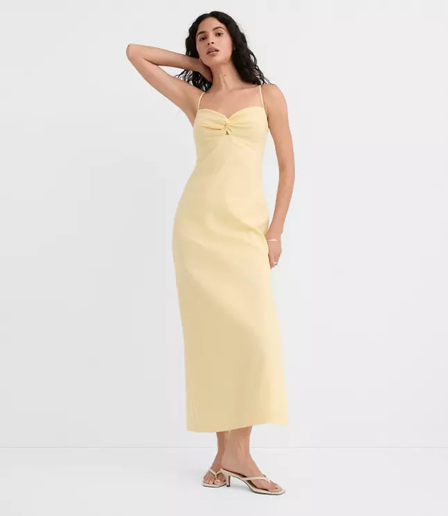 Petite Sun Palm Linen Cotton Cutout Twist Midi Dress | LOFT