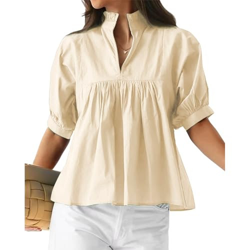 Keeliya Womens Babydoll Puff Sleeve Blouse Shirts V Neck Peplum Pleated Tops Casual Flowy Summer Loose Fit Shirts(Beige,M) | Amazon (US)