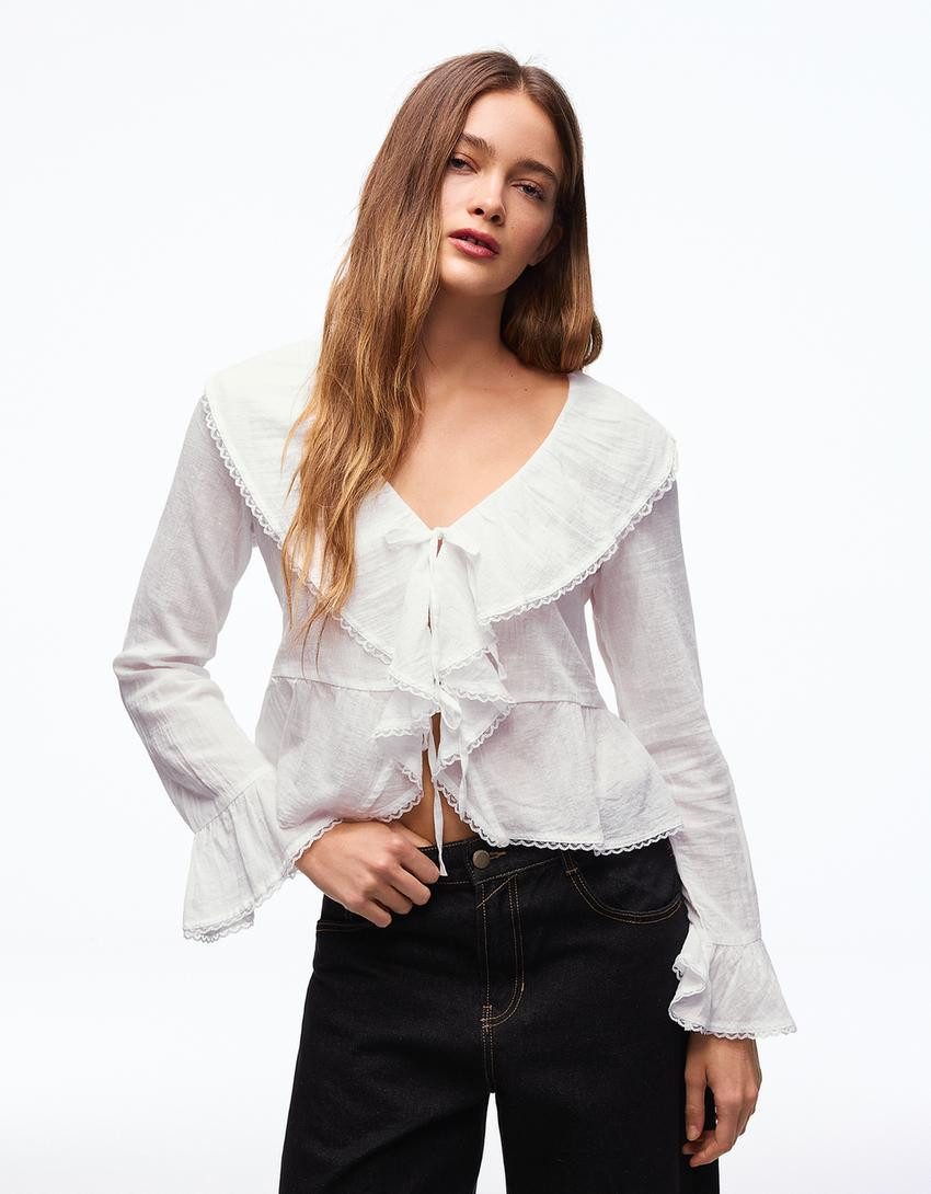 Rustic long sleeve ruffle blouse - Women | Bershka GB