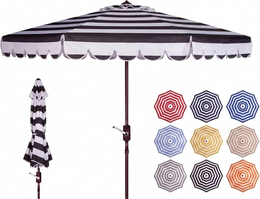 SAFAVIEH Outdoor - Vienna 9-Foot Crank Patio Umbrella - Black & White Canopy - Brown Aluminum Pol... | Amazon (US)