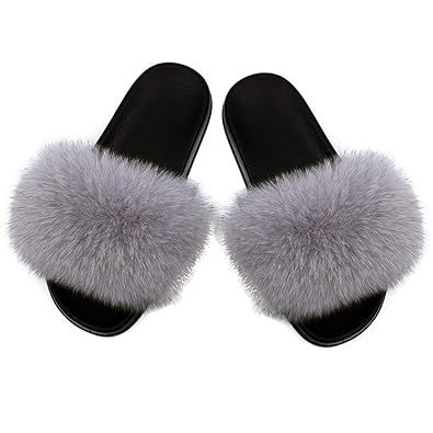 Yu He Women Real Fox Fur Feather Vegan Leather Open Toe Single Strap Slip On Sandals | Amazon (US)