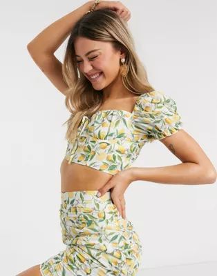 In The Style x Meggan Grubb frilly tie front crop top in lemon print | ASOS (Global)