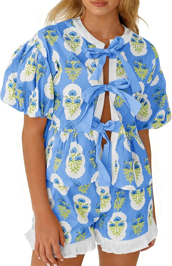 Aoysky Womens Floral 2 Piece Short Sets Summer Vacation Outfits Puff Sleeve Babydoll Blouse Ruffl... | Amazon (US)