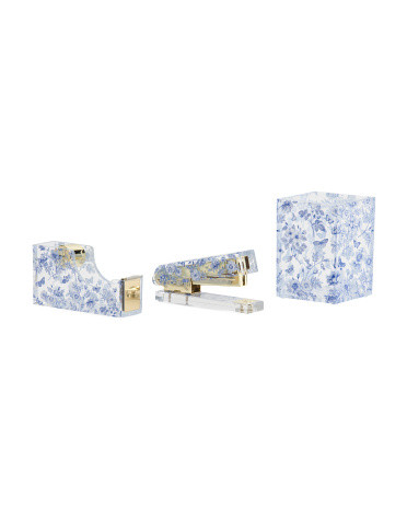 3pc Toile Pencil Cup Stapler And Tape Dispenser Desk Accessories Set | TJ Maxx