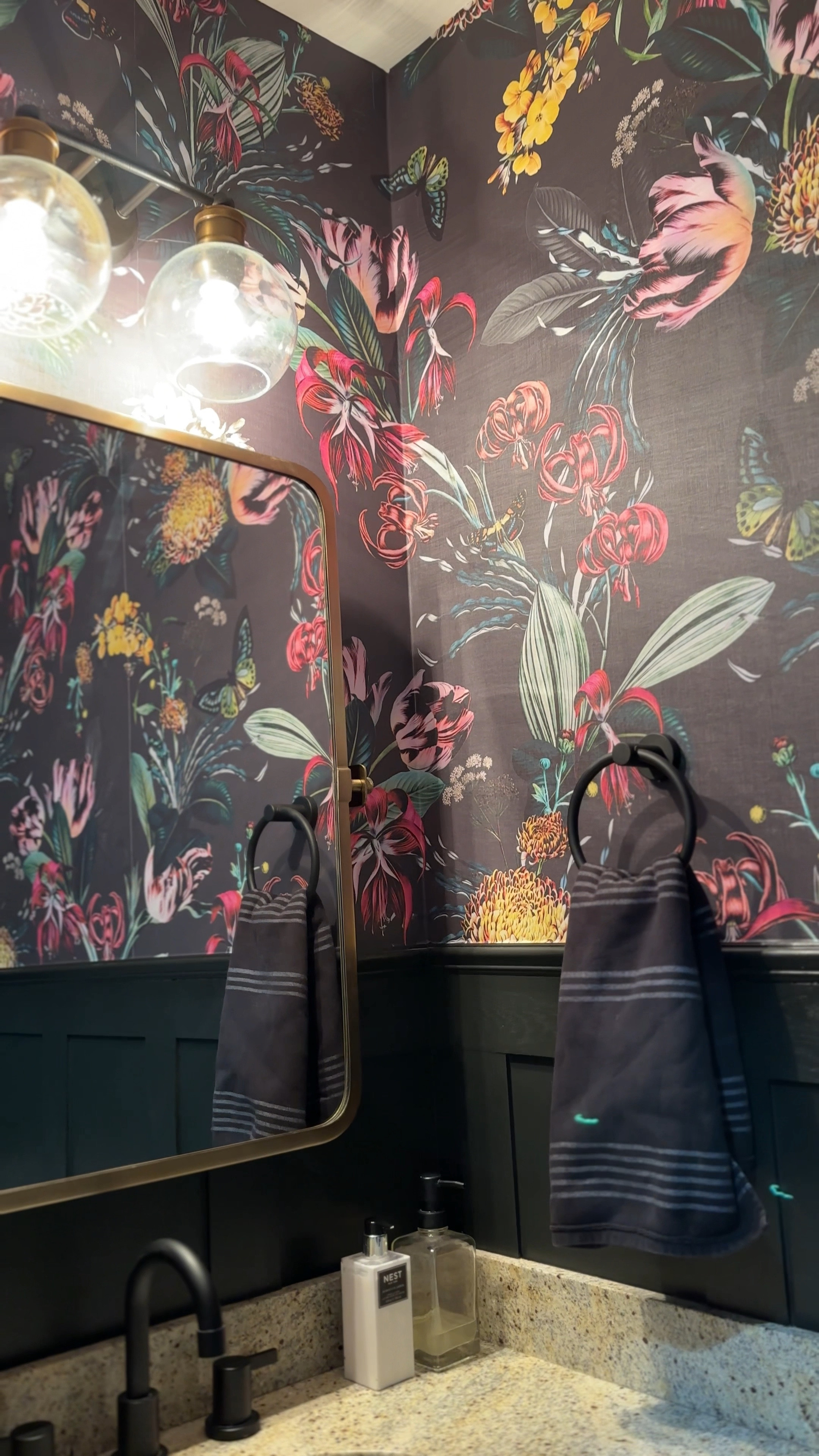 Bathroom glow-up alert! ✨ Bold, moody, and absolutely breathtaking — I couldn't be more obsessed with this dark floral wallpaper from Dizzy With Excitement! The texture, the depth, the drama… it's everything. 🌸🖤 Pairing it with brass accents and sleek finishes gave the perfect balance of modern elegance with a touch of vintage charm. 

#LTKHome #LTKWatchNow #LTKStyleTip