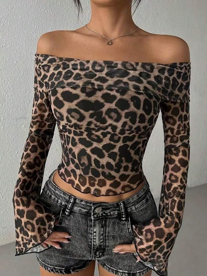 Womens Leopard Off  The Shoulder- long Sleeve Top  | SHEIN