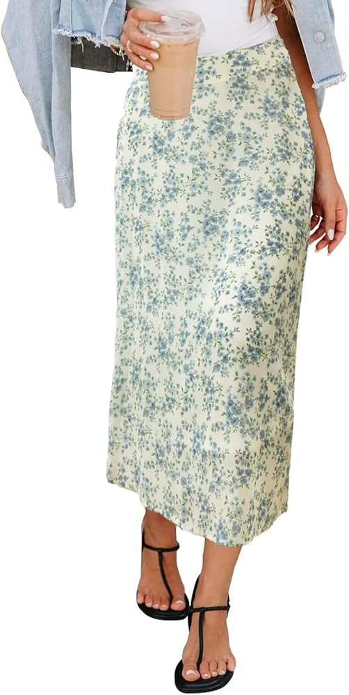 HERBATOMIA Women’s Floral Print Midi Skirt Casual High Elastic Waist Zipper Vintage Long Boho S... | Amazon (US)