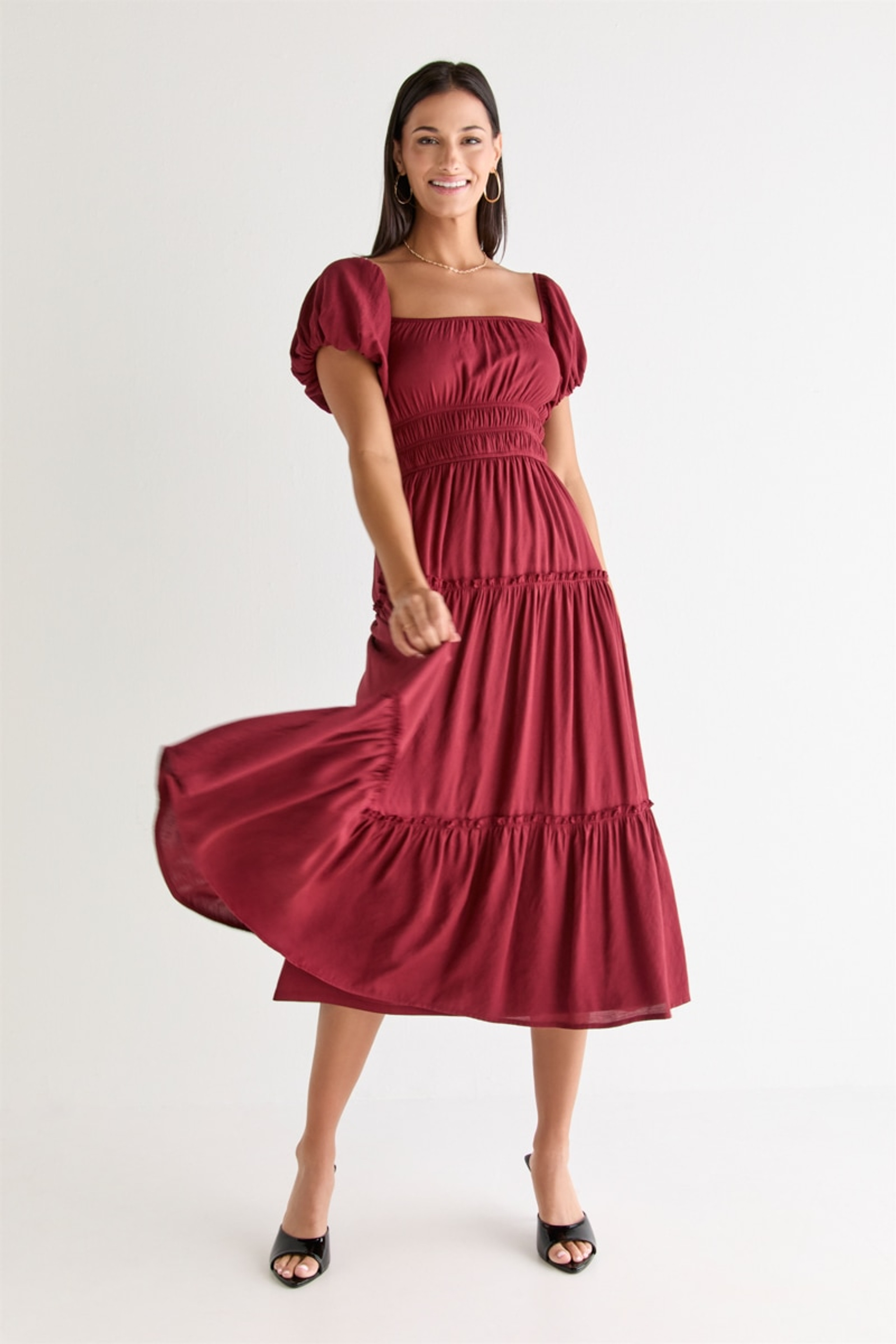 Emma Puff Sleeve Tiered Midi Dress Burgundy | Francesca's