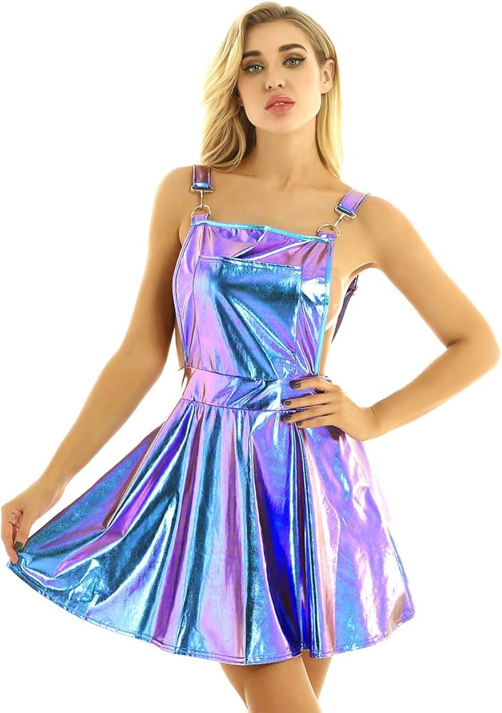 TiaoBug Womens Sexy Metallic Holographic Bib Overall Pinafore Dress Braces Mini Suspender A-line ... | Amazon (US)