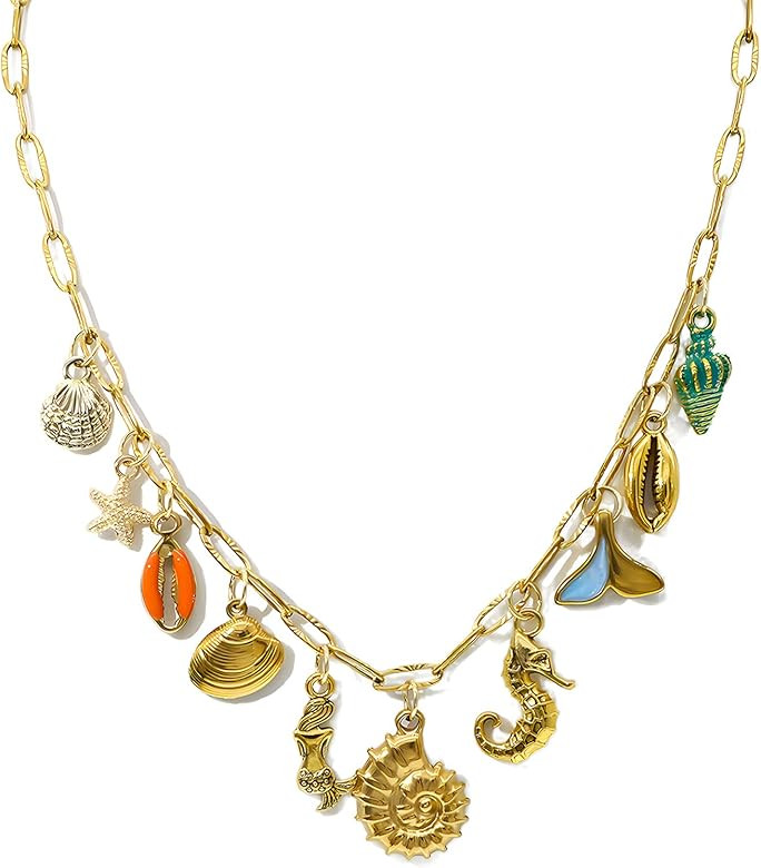 18K Paperclip Gold Chain Necklace Handmade DIY Sun Moon Star Pendant Charm Necklace Western Ocean... | Amazon (US)