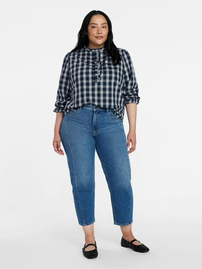 Time and Tru Women's Ruffle Neck Button Front Cotton Shirt with Long Sleeves, Sizes XS-XXXL | Walmart (US)