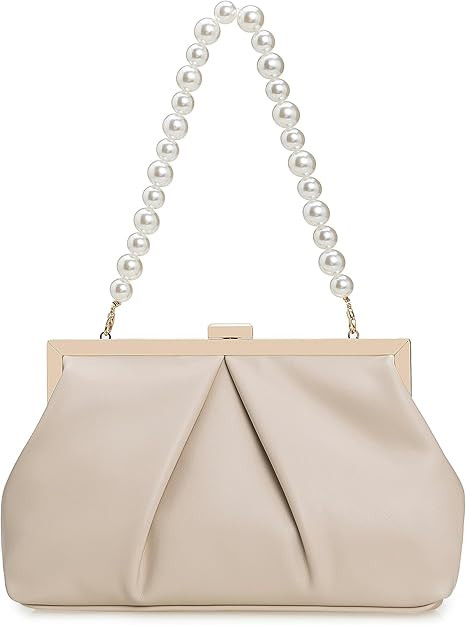 CHARMING TAILOR Faux Leather Clutch Purse Ruched PU Metal Frame Formal Evening Bag with Pearl Sta... | Amazon (US)