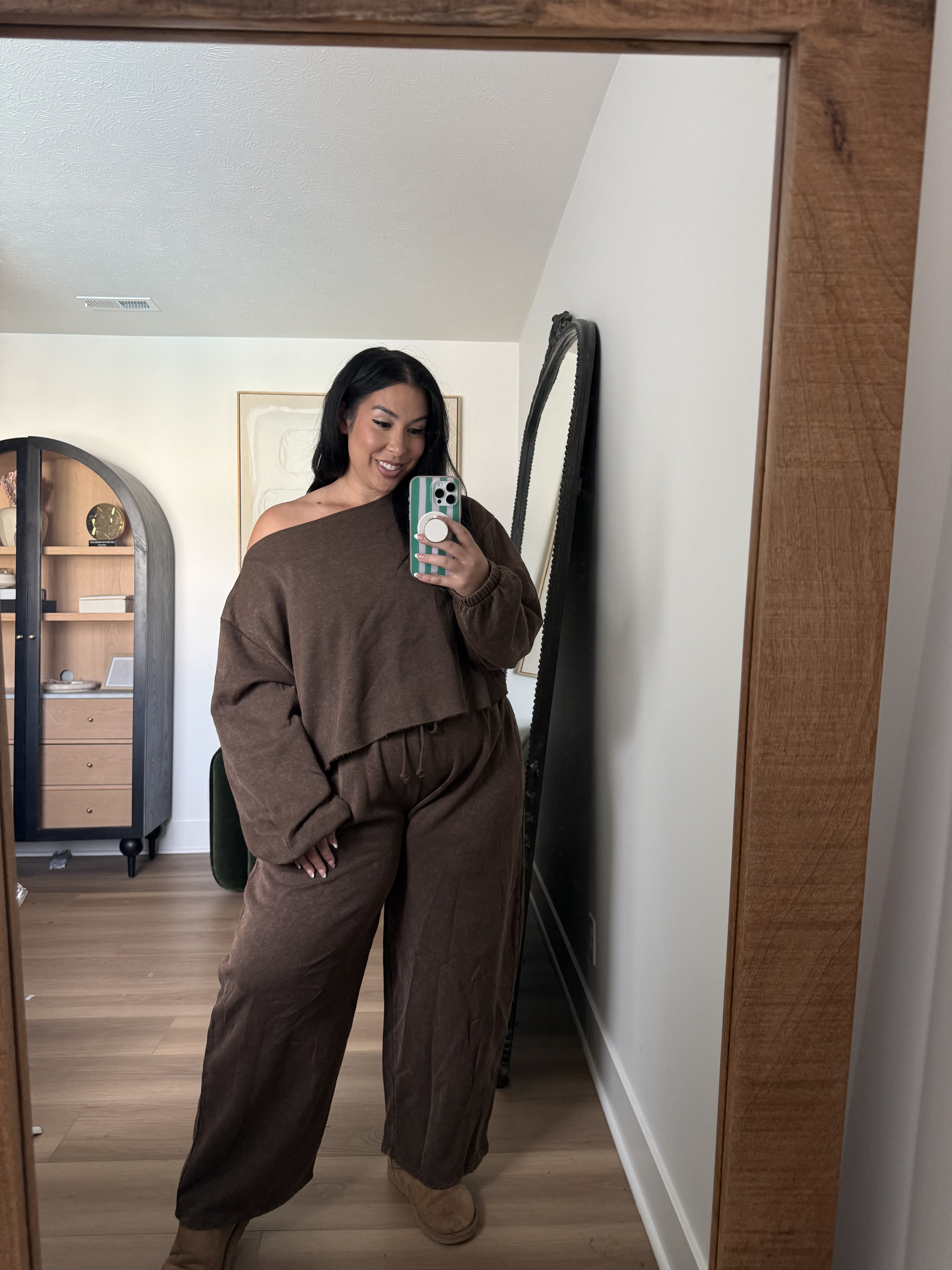 Cannot believe this set is from Walmart! Barrel sweatpants + off the shoulder top I love! SO comfy! Wearing a XL in the top, XXL in the bottoms! 
walmart, walmart fashion, curvy, midsize, flare jeans 

 #LTKSeasonal #LTKMidsize