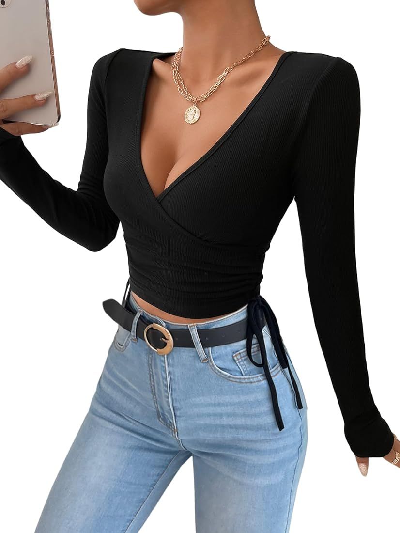 SOLY HUX Long Sleeve Wrap Crop Tops for Women Sexy Ruched V Neck T Shirts Tie Side Fitted Tees Go... | Amazon (US)