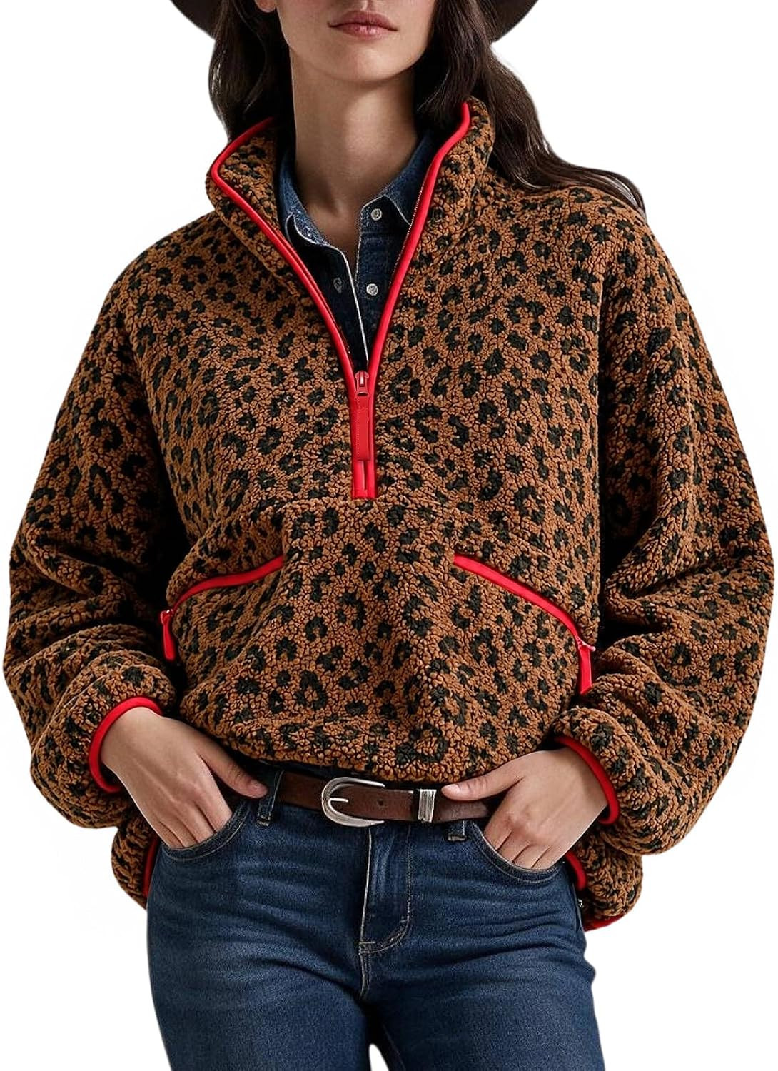Aoysky Womens Leopard Fleece Jacket Quarter Zip Sherpa Pullover Zip Pockets | Amazon (US)