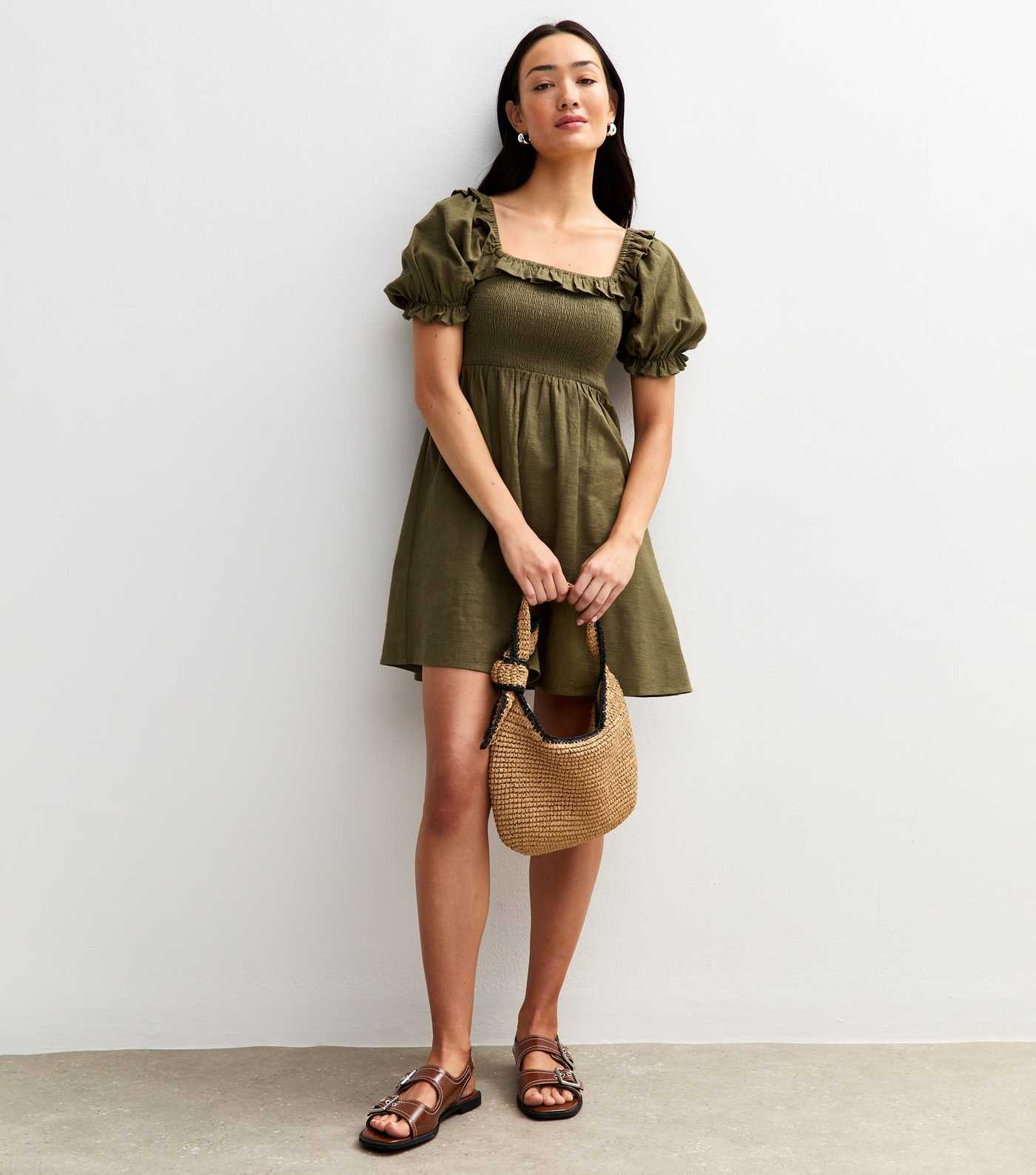 Khaki Puff Sleeve Shirred Mini Dress | New Look | New Look (UK)