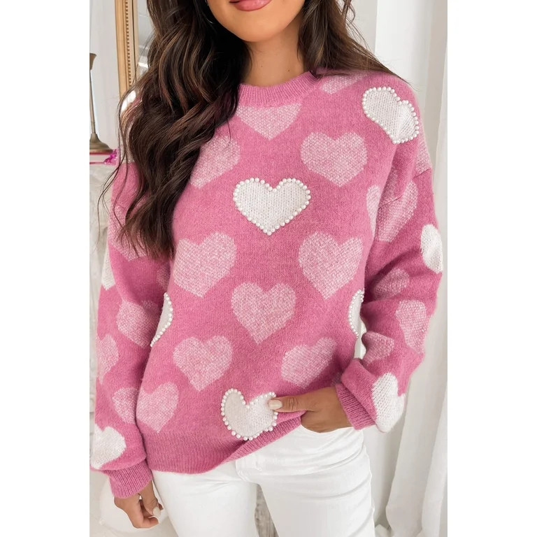 Pink Pearl Heart Print Valentines Crew Neck Sweater - Walmart.com | Walmart (US)