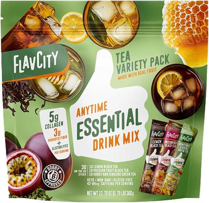 FlavCity Anytime Essential Tea Variety Pack - Powder Drink Mix Packets with Collagen - Black & Gr... | Amazon (US)