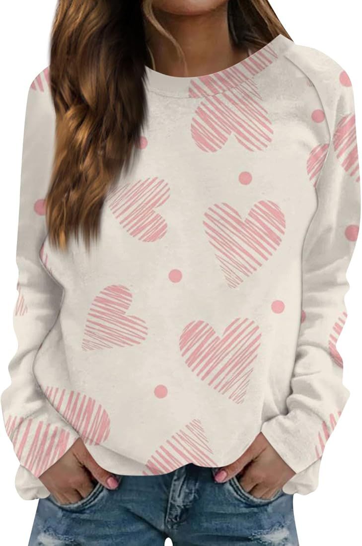 JWNYJFB Women's Fashion Heart Sweater Valentines Sweatshirts Funny Love Graphic Printed Long Slee... | Amazon (US)